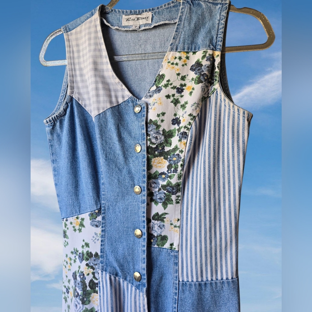Vintage Denim Patchwork Maxi Dress with Floral & Stripes - Picture 2 of 12